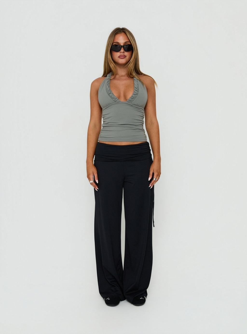 Mood Ring Ruched Halter Top Steel Grey