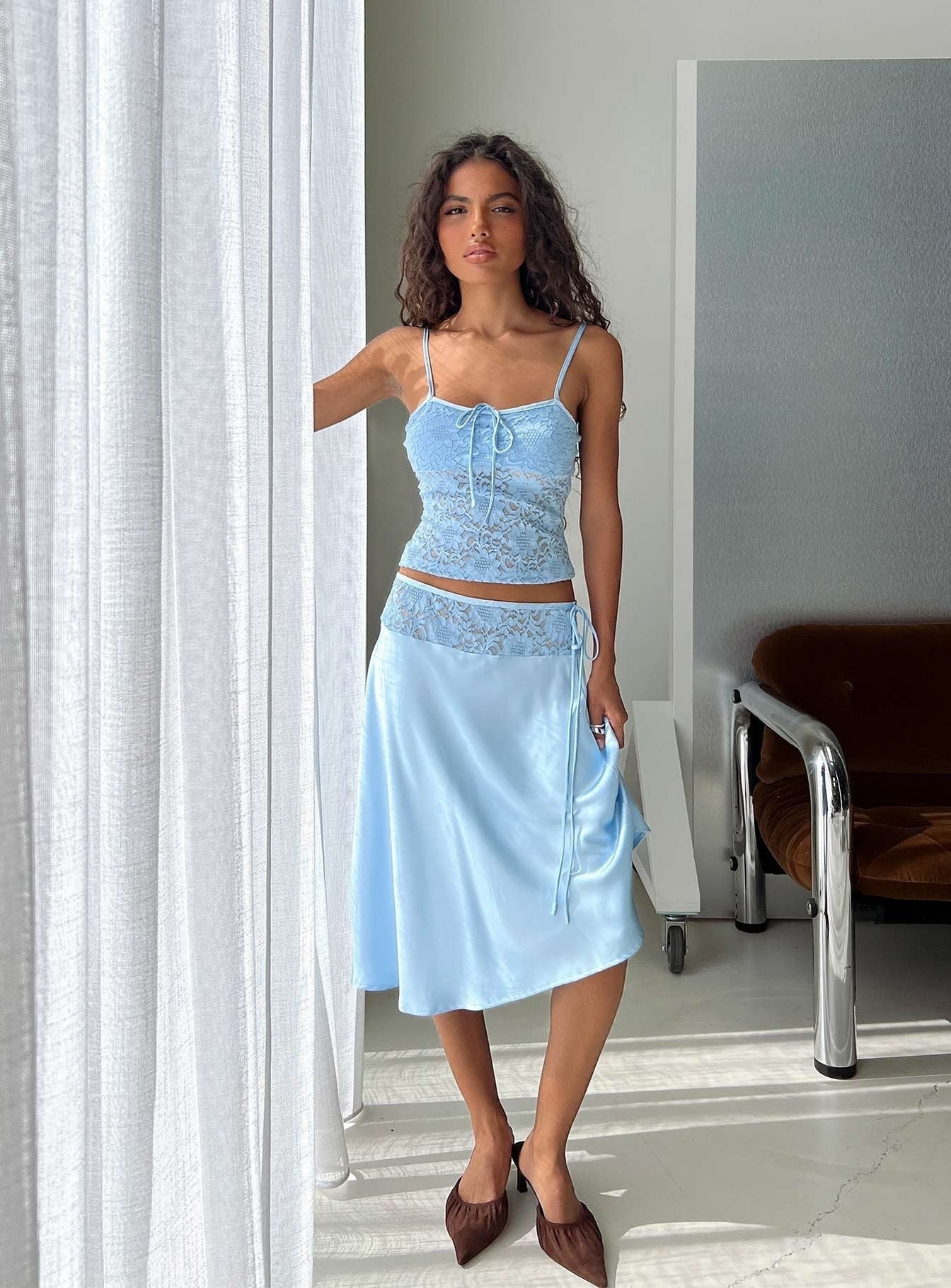 Evlin Lace Detail Satin Midi Skirt Blue