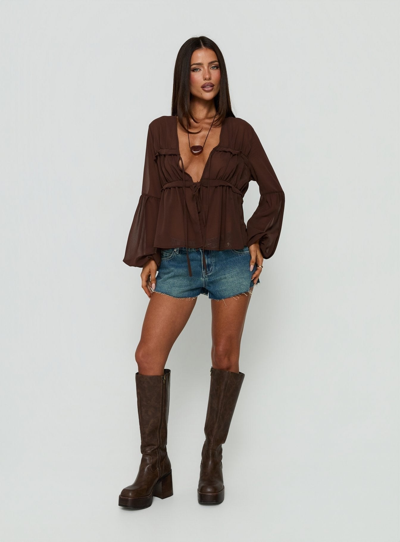 Chasing Sunsets Sheer Long Sleeve Top Chocolate