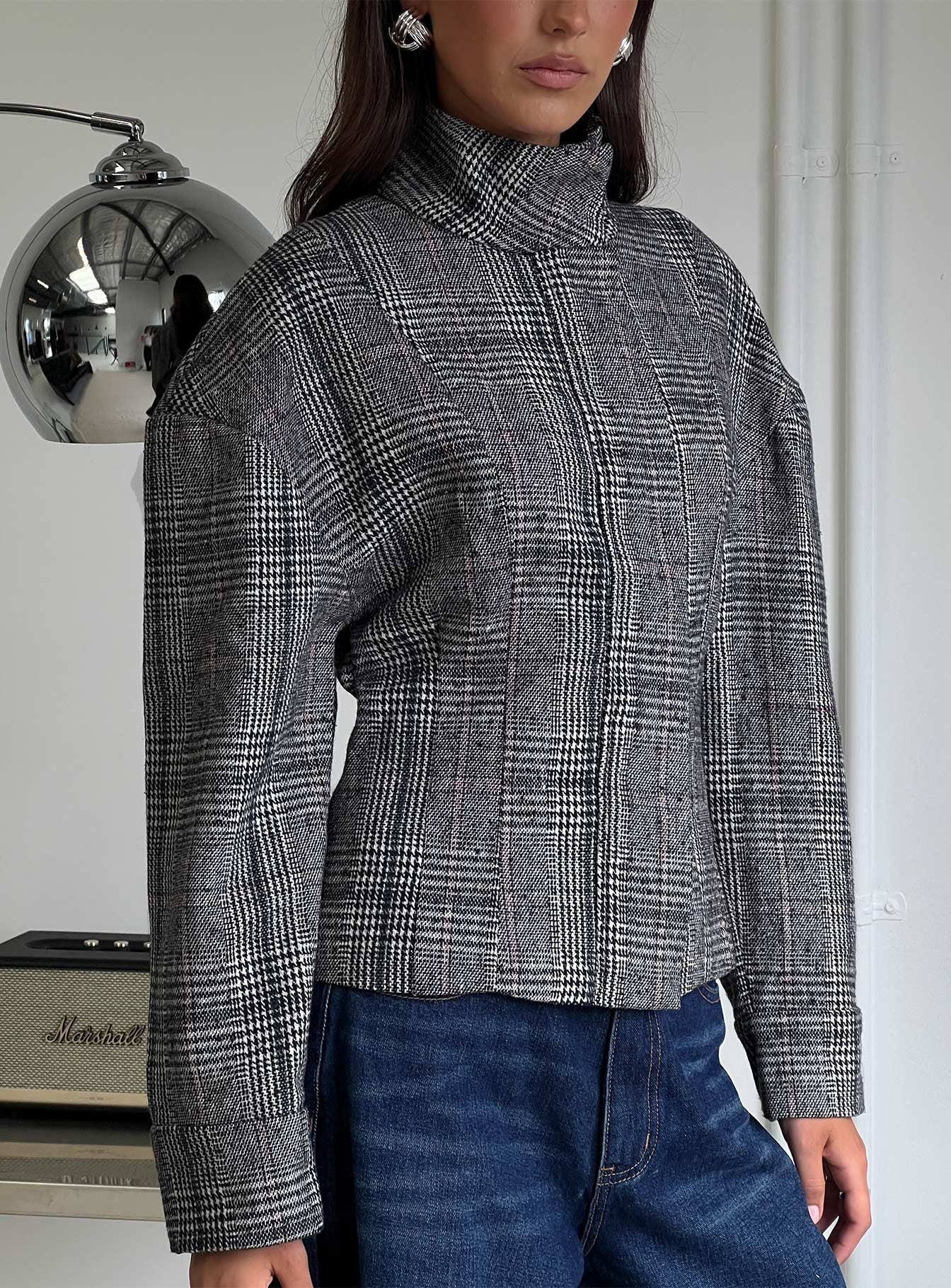 Cathrine Cinched High Neck Jacket Grey Plaid