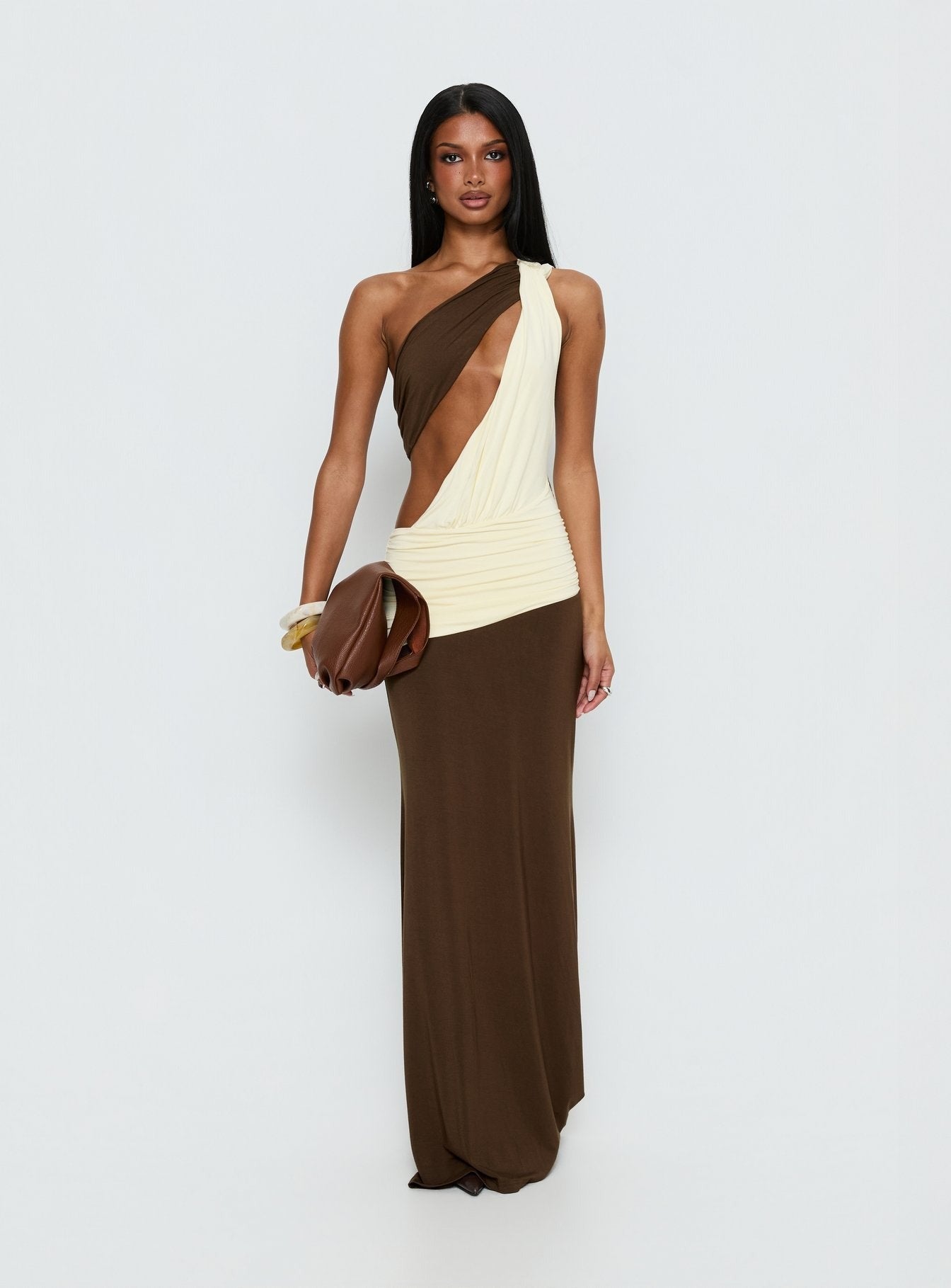 Loletta Draped One Shoulder Maxi Dress Chocolate / Yellow