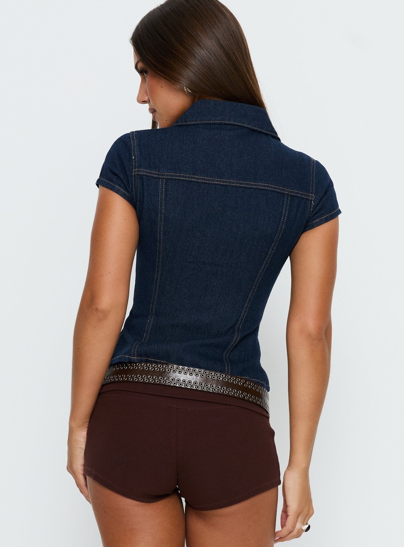 Liyana Denim Zip Up Short Sleeve Shirt Mid Blue