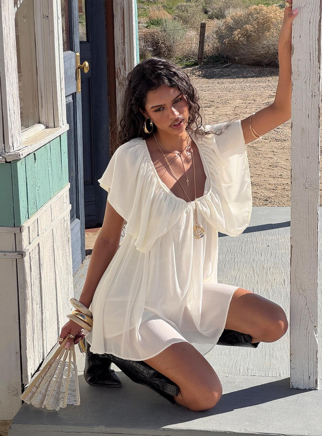 Sun Spirit Plunge Flowy Romper Cream