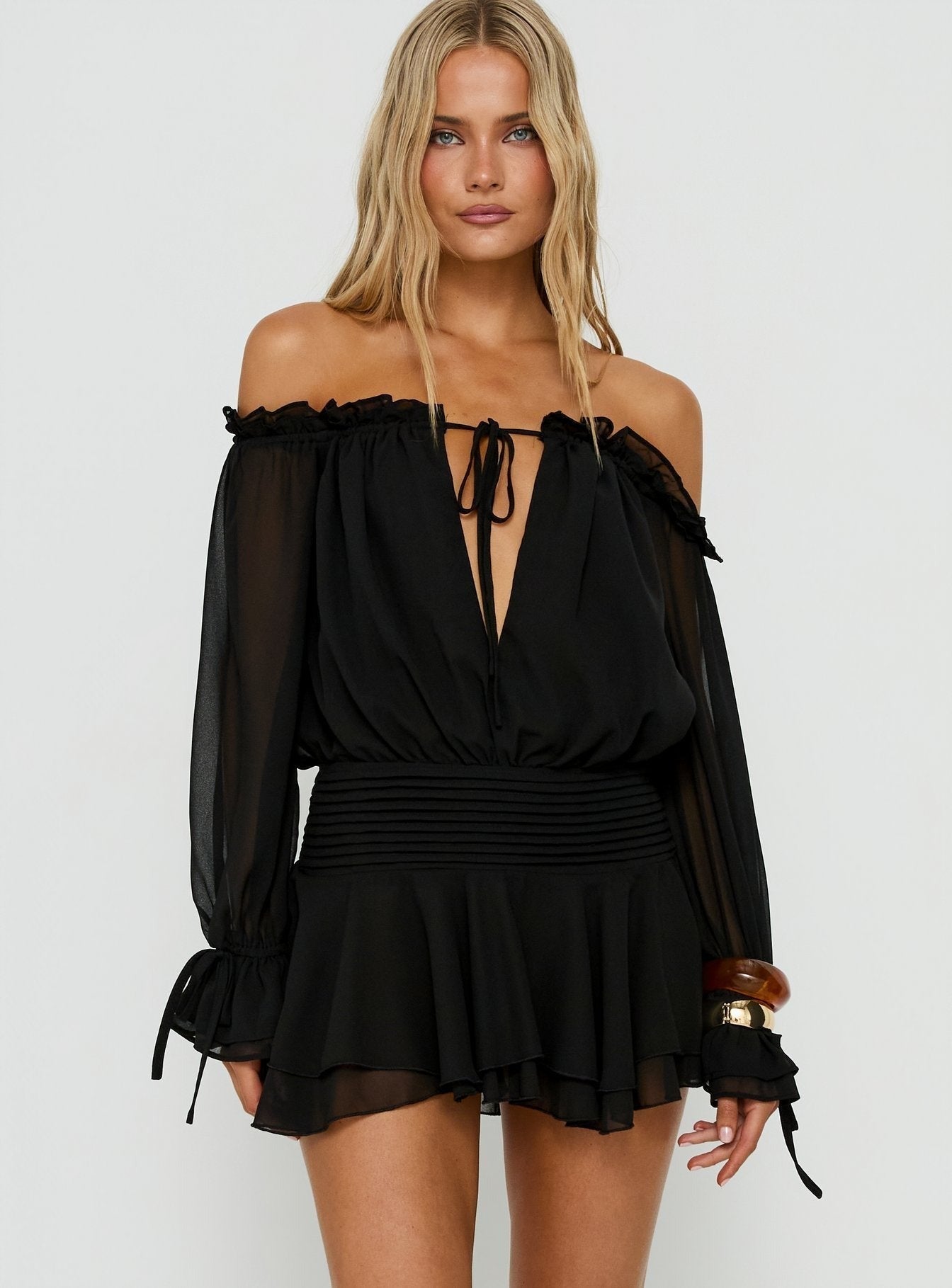 Felicita Off Shoulder Long Sleeve Chiffon Mini Dress Black