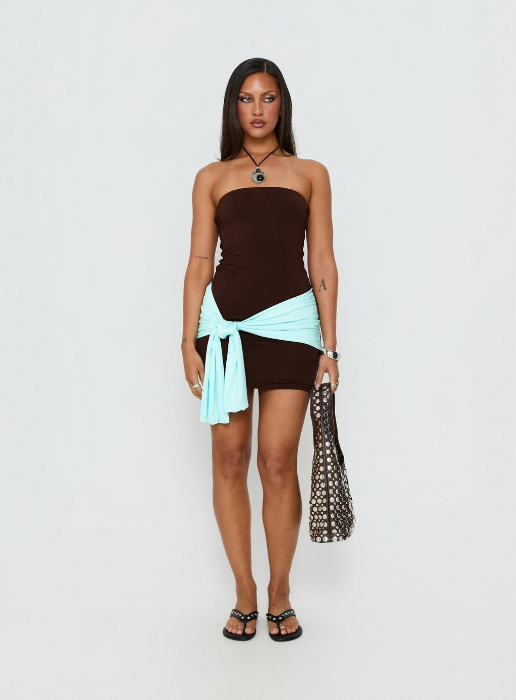 Teeah Strapless Tie Detail Contrast Mini Dress Brown / Blue