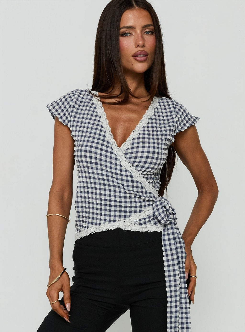 Meltwater Lace Trim Wrap Detail Top Navy Check
