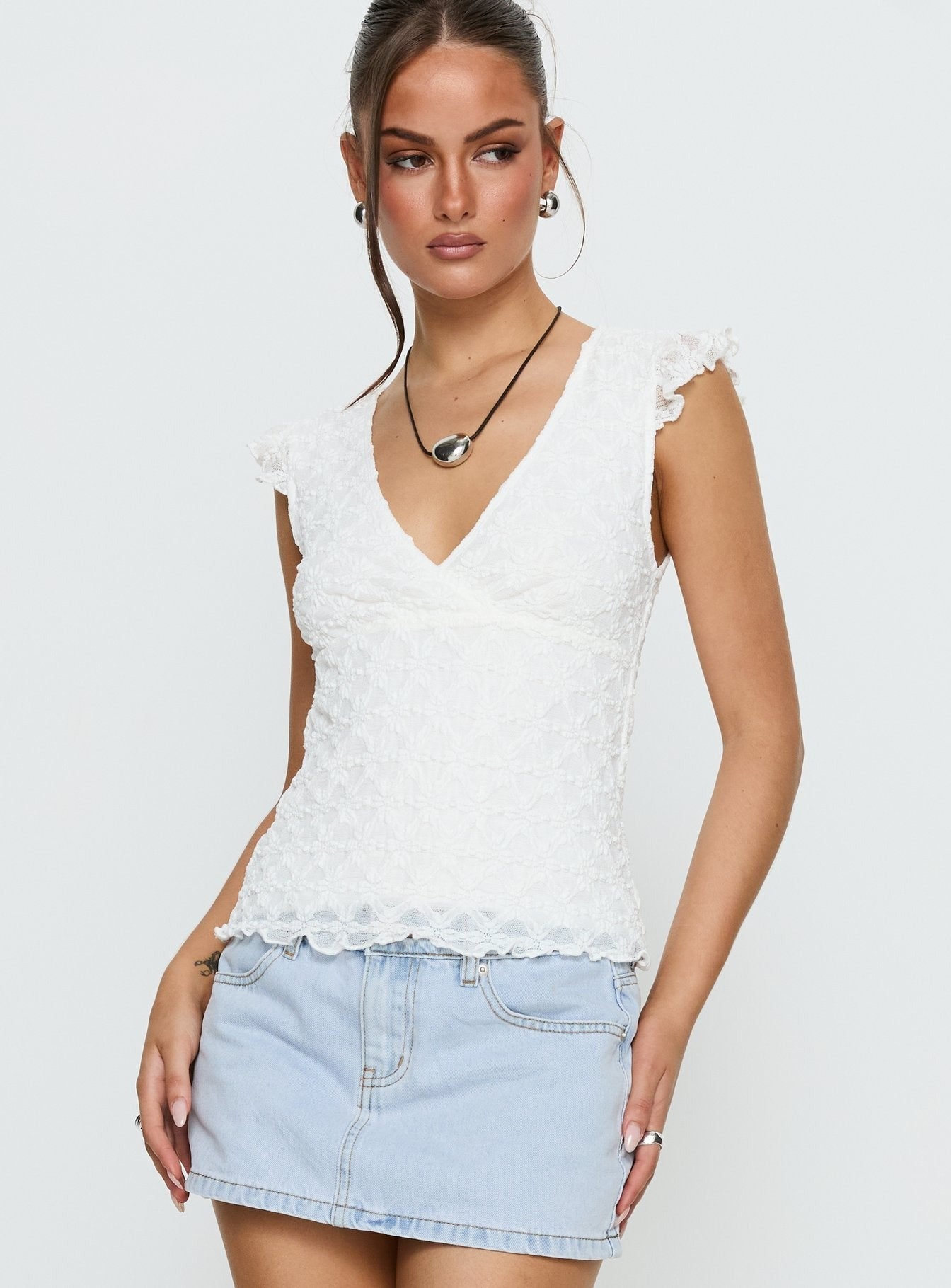 Kelie Textured Plunge Neck Top White