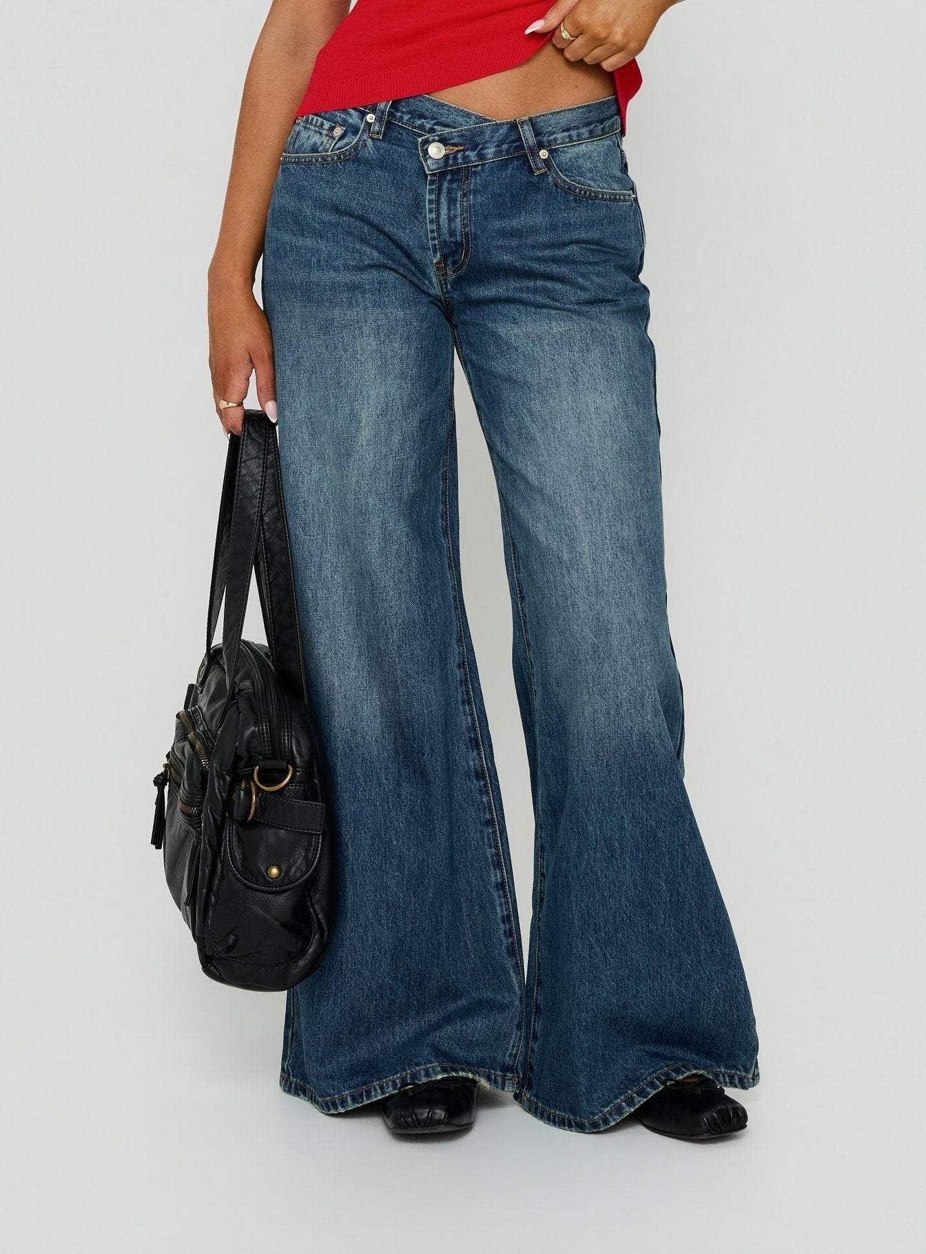 Celinia Mid Rise Asymmetrical Baggy Jeans Dark Indigo