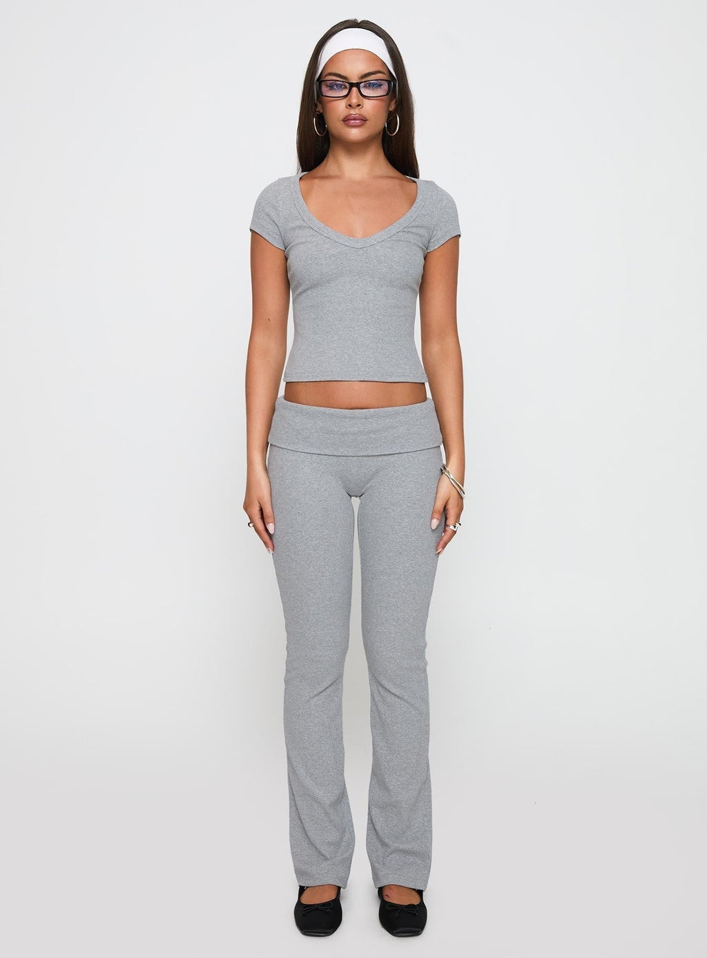 Lovely Day V Neck Top Grey Marle