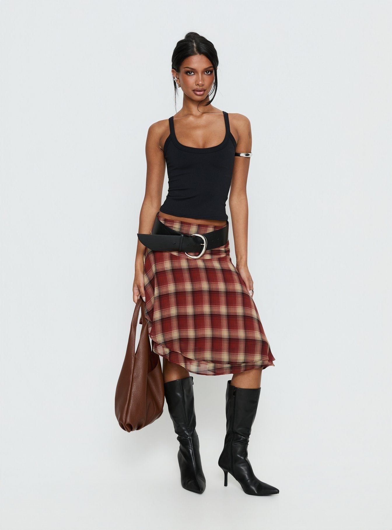 Evanescence Asymmetrical Midi Skirt Brown Check
