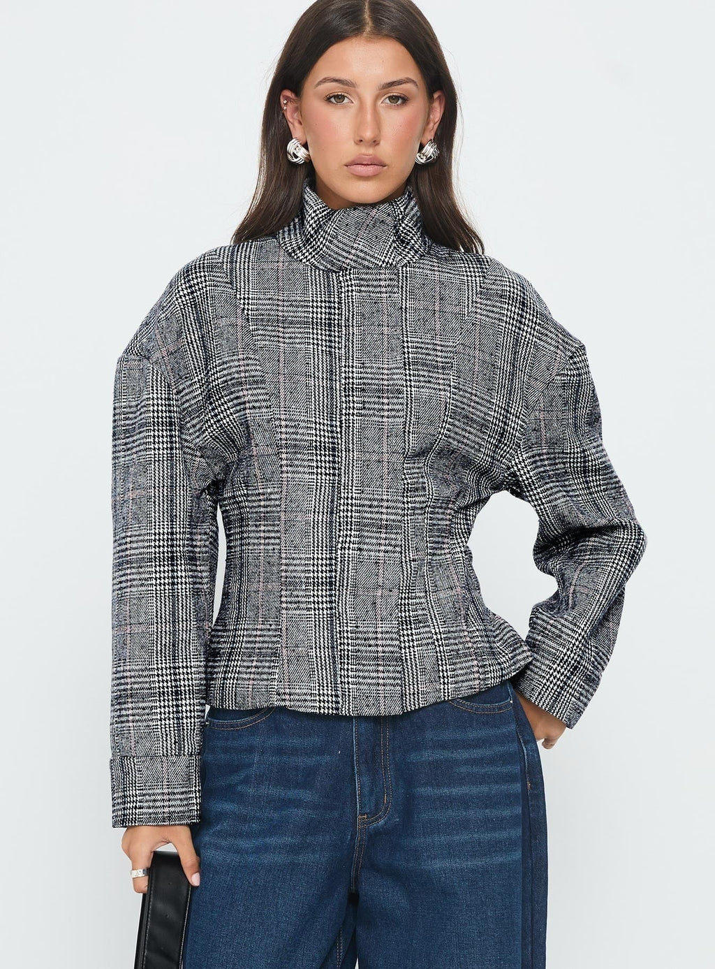 Cathrine Cinched High Neck Jacket Grey Plaid