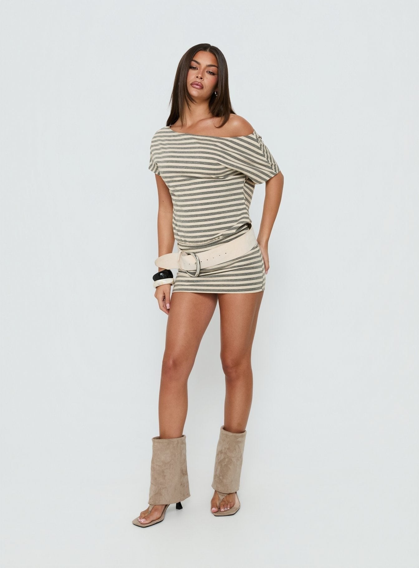 Self Control Off Shoulder Romper Grey Stripe
