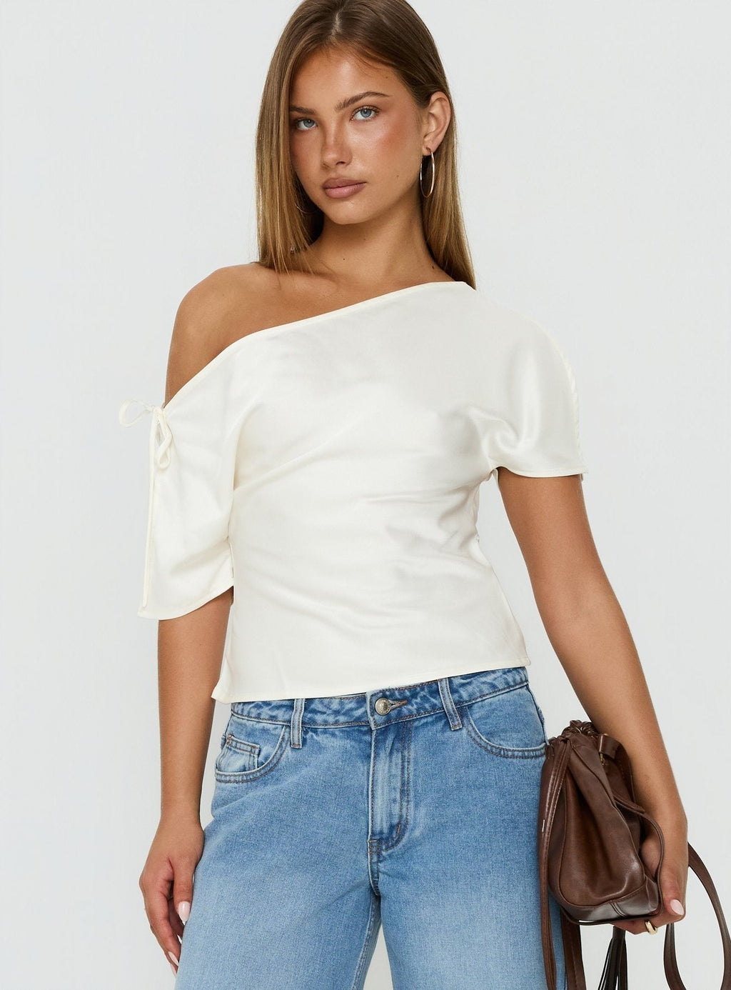Faisa Off Shoulder Satin Top Cream