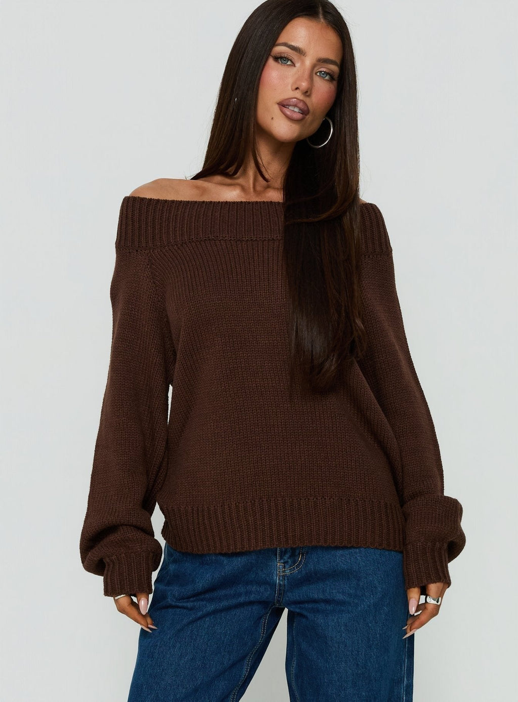 Always Be There Off Shoulder Knit Jumper Brown