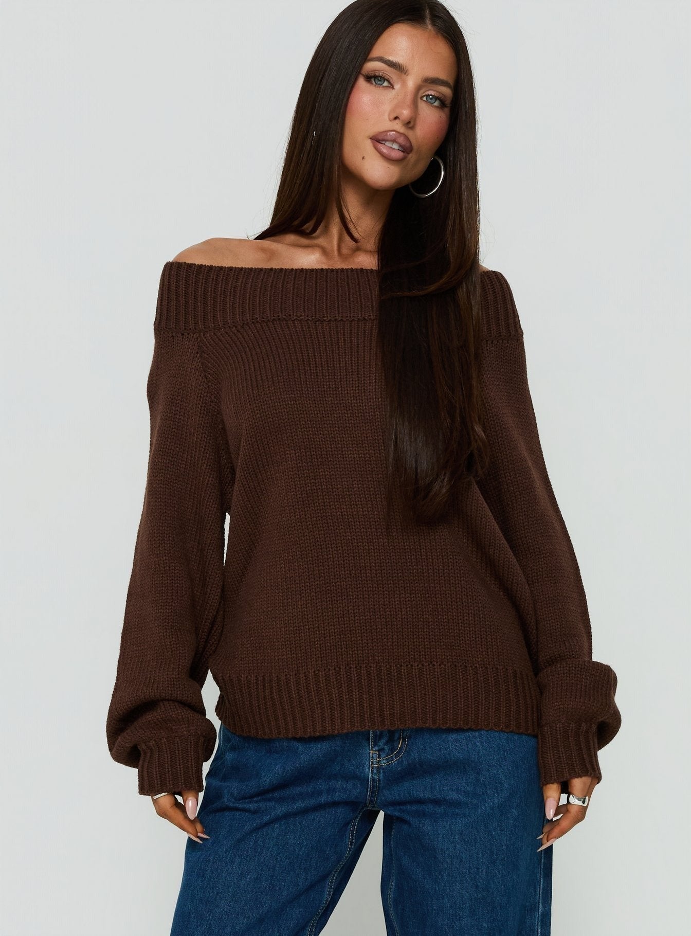 Always Be There Off Shoulder Knit Jumper Brown