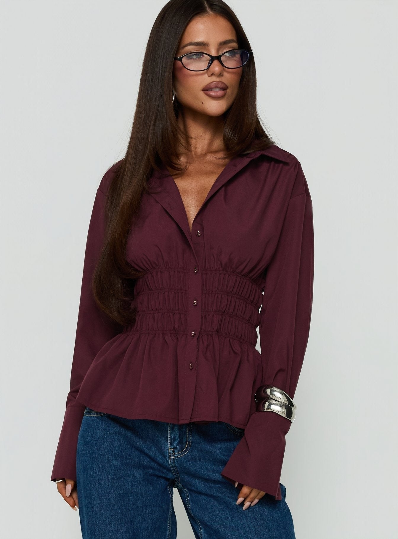 As You Are Shirred Button Up Top Cherry