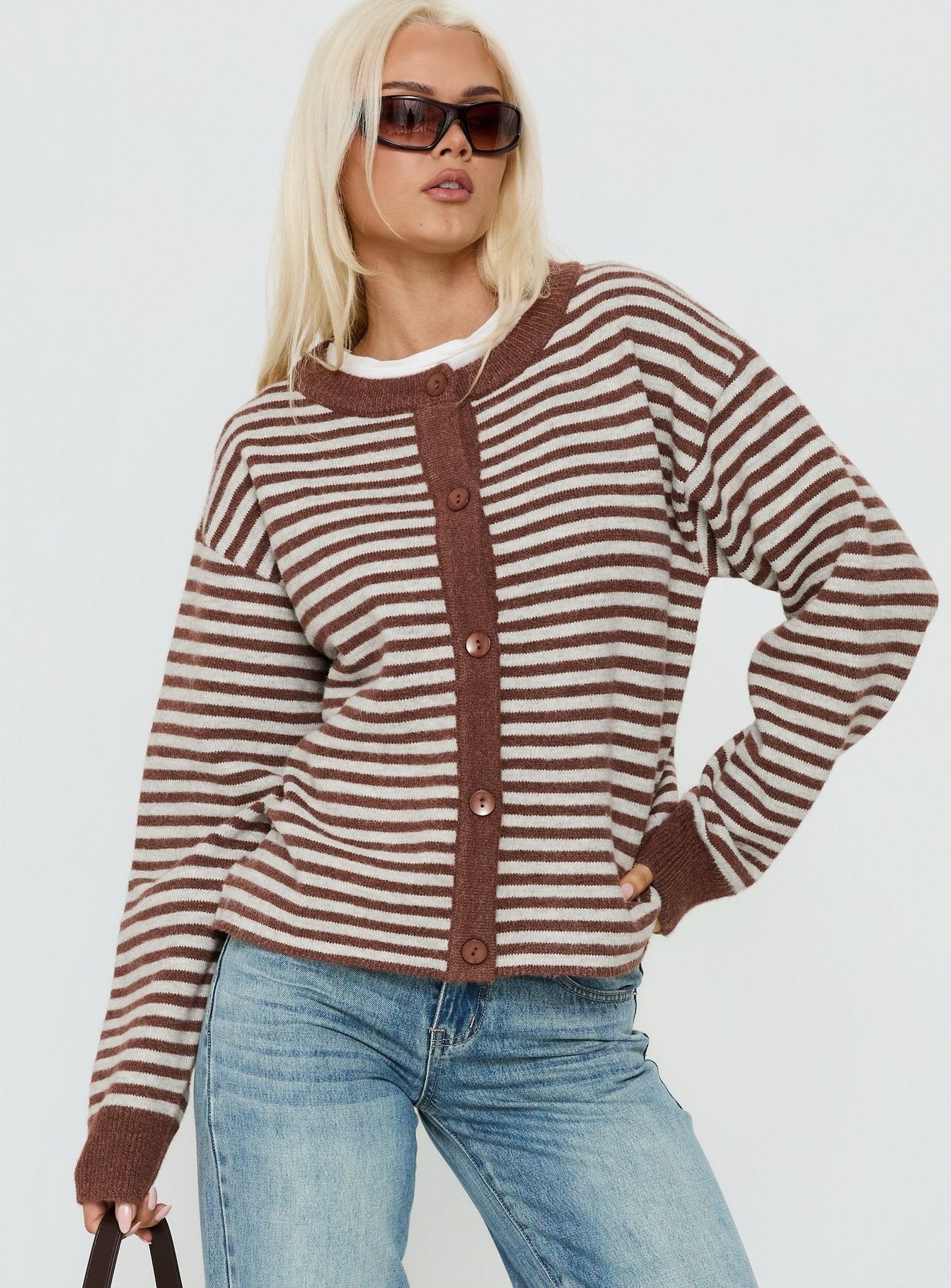 Darnelle Button Up Knit Cardigan Chocolate Stripe