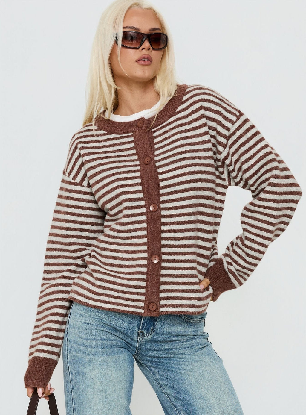 Darnelle Button Up Knit Cardigan Chocolate Stripe