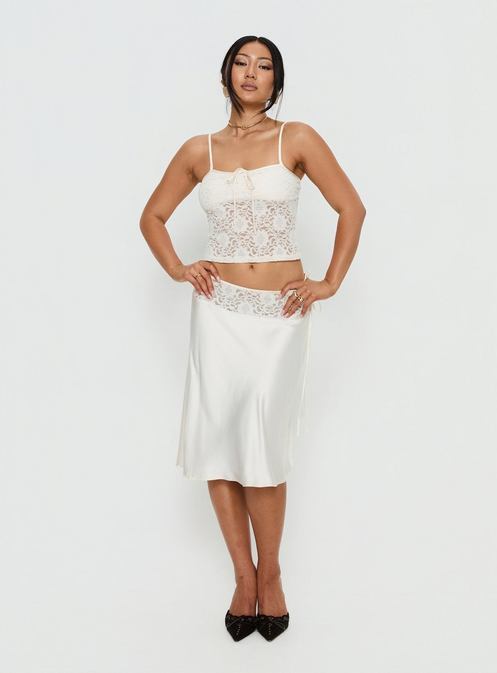 Evlin Lace Detail Satin Midi Skirt Cream