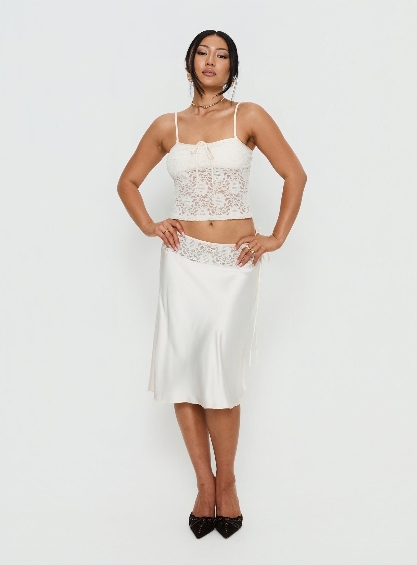 Evlin Lace Detail Satin Midi Skirt Cream