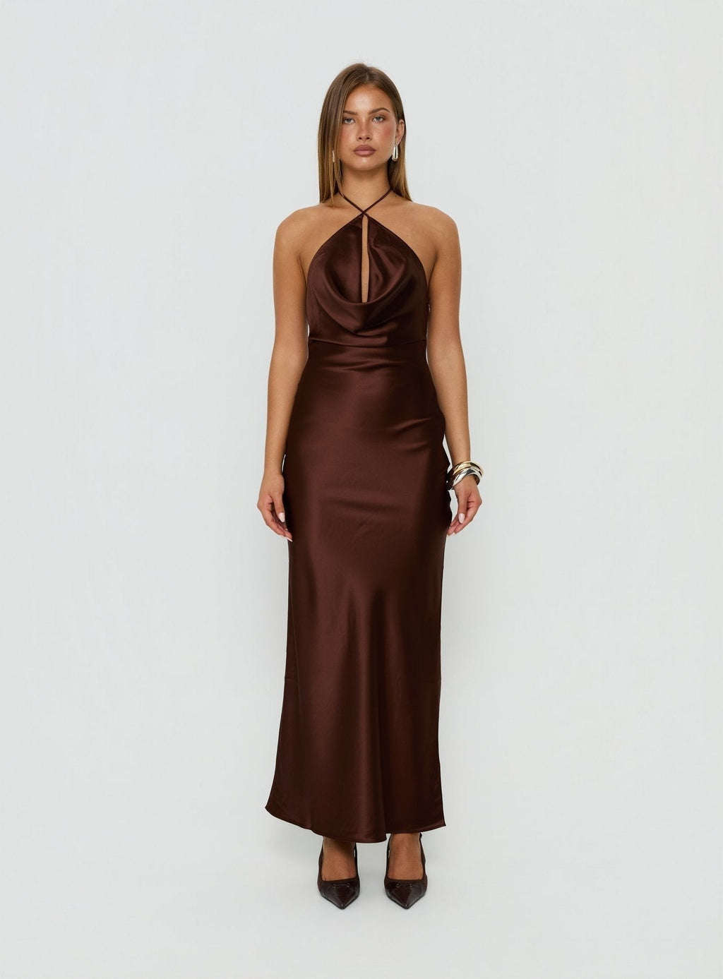 Yazmeina Halter Keyhole Maxi Dress Brown