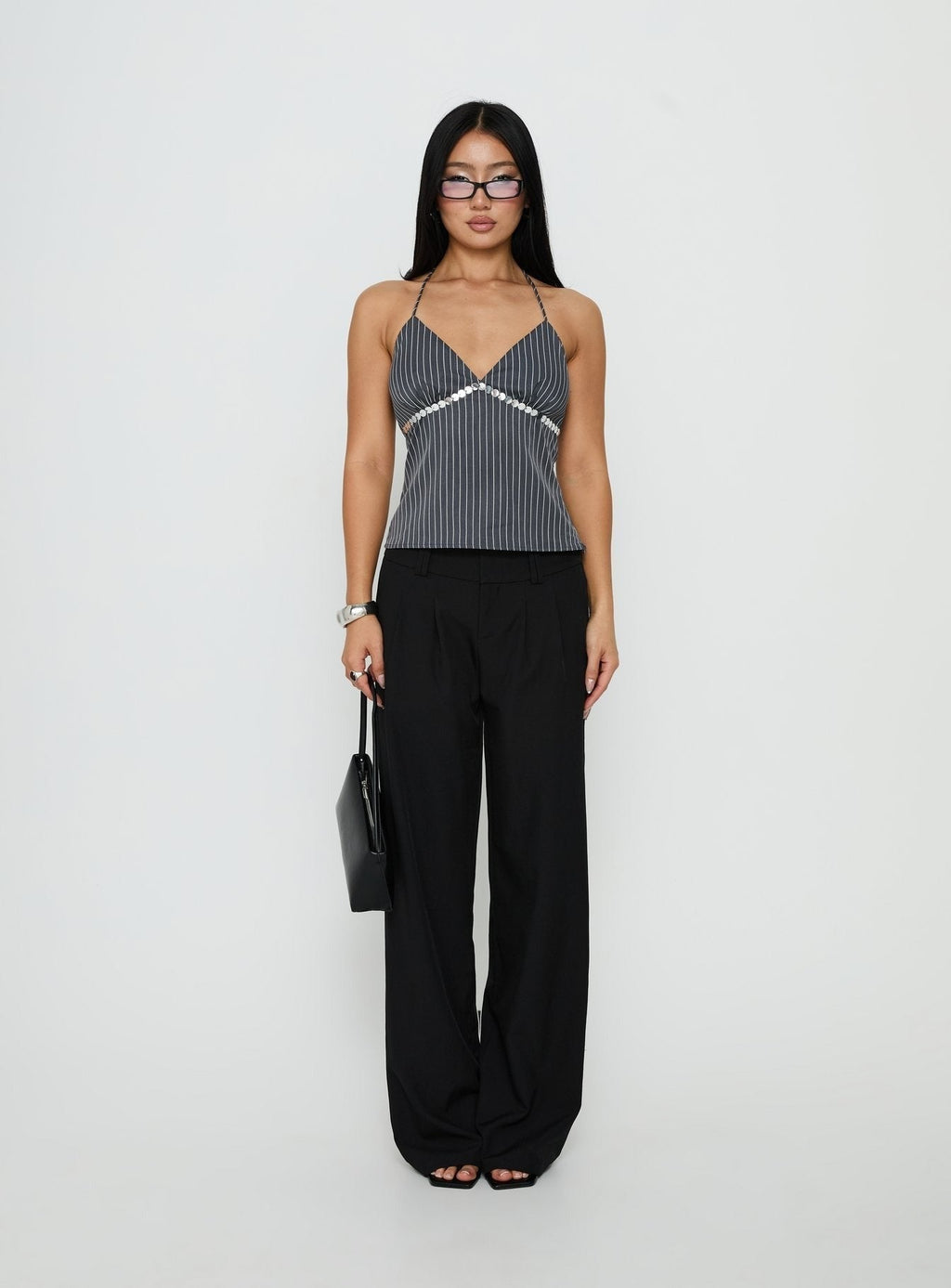 Zenas Sequin Detail Halter Top Grey Pinstripe