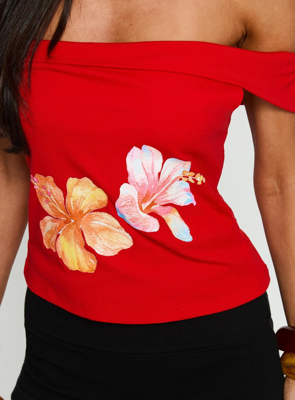 Hibiscus Haven Off Shoulder Graphic Top Red