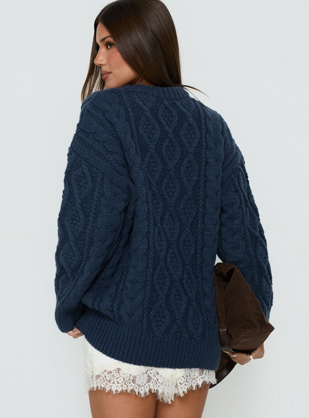 Rorey Cable Knit Crew Neck Sweater Navy