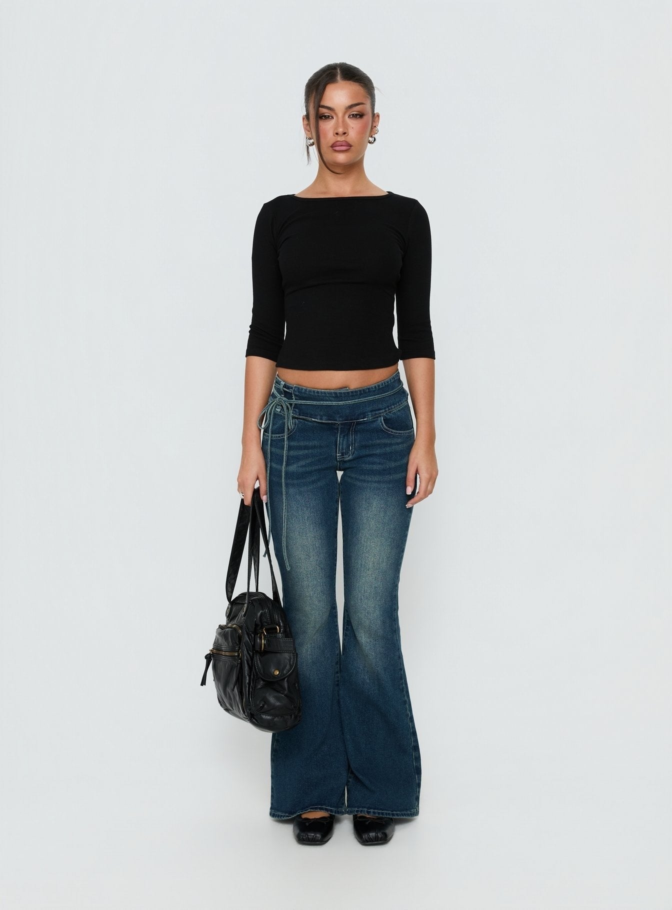 Runa Low Rise Bootleg Tie Side Jeans Mid Blue Wash