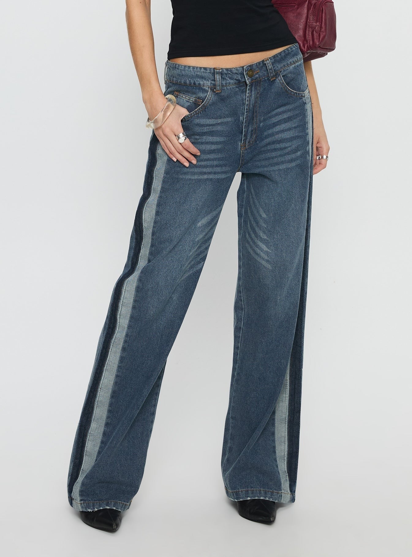 Born Again Mid Rise Straight Leg Contrast Detail Jeans Dark Blue