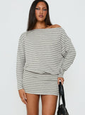 Worlds Away Long Sleeve Blouson Mini Dress Grey / White Stripe