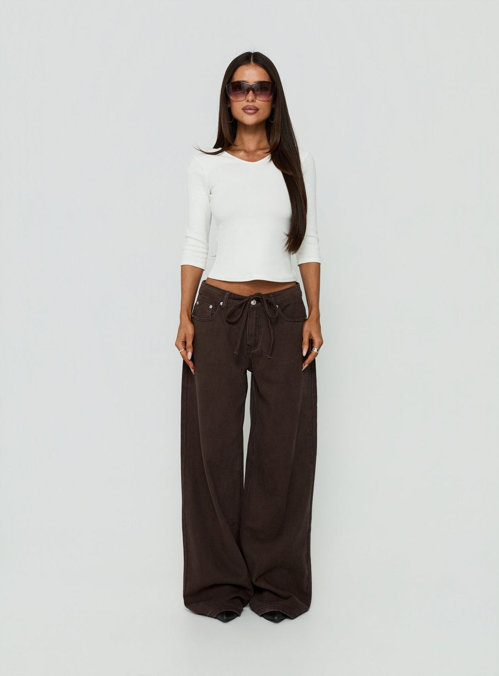 Ramos Low Rise Tie Waist Wide Leg Jeans Washed Chocolate