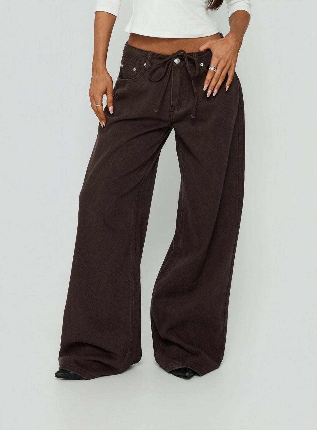 Ramos Low Rise Tie Waist Wide Leg Jeans Washed Chocolate