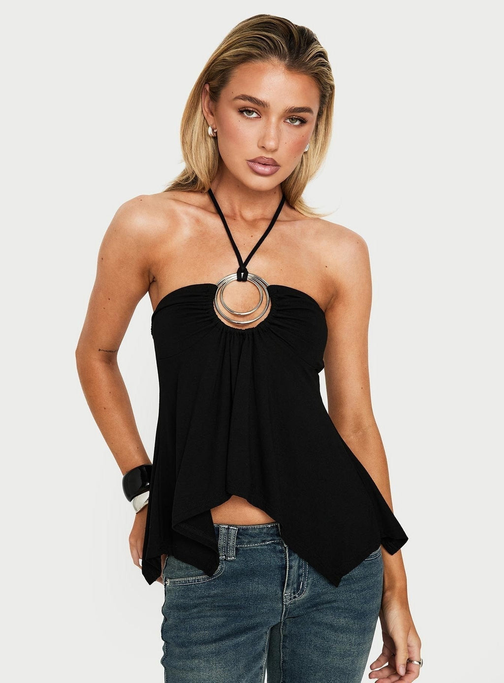 Betsey Ring Detail Tie Neck Top Black