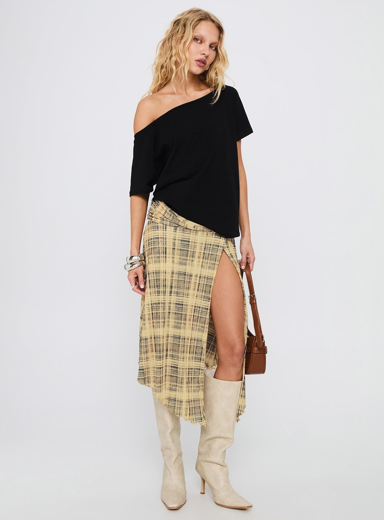 Rhaina Draped Asymmetrical Midi Skirt Yellow Check