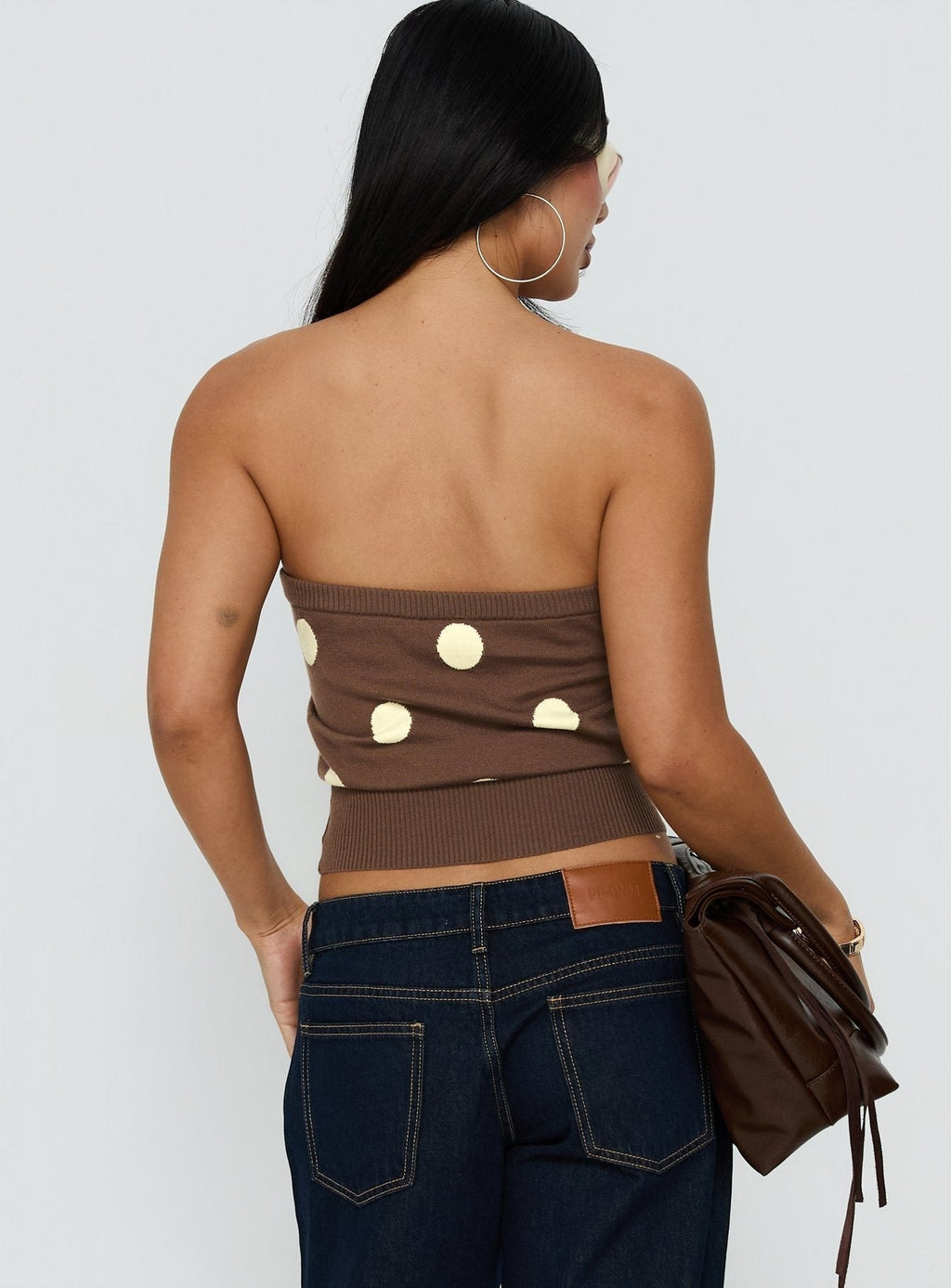 Tahlie Cinched Strapless Knit Top Brown Polka Dot