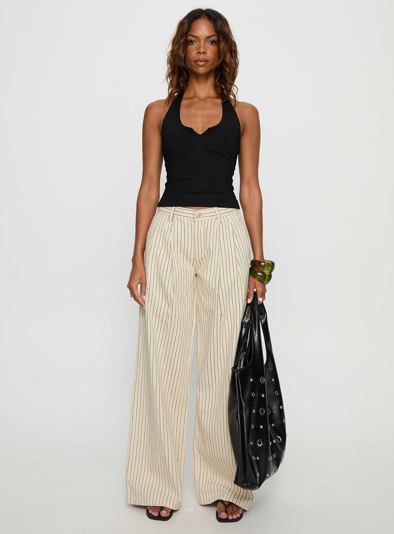 Frankee Wide Leg Mid Rise Denim Jeans Cream Stripe