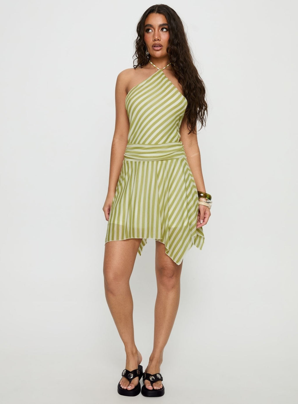 Sadana Arrowhead Asymmetrical Mini Dress Green Stripe