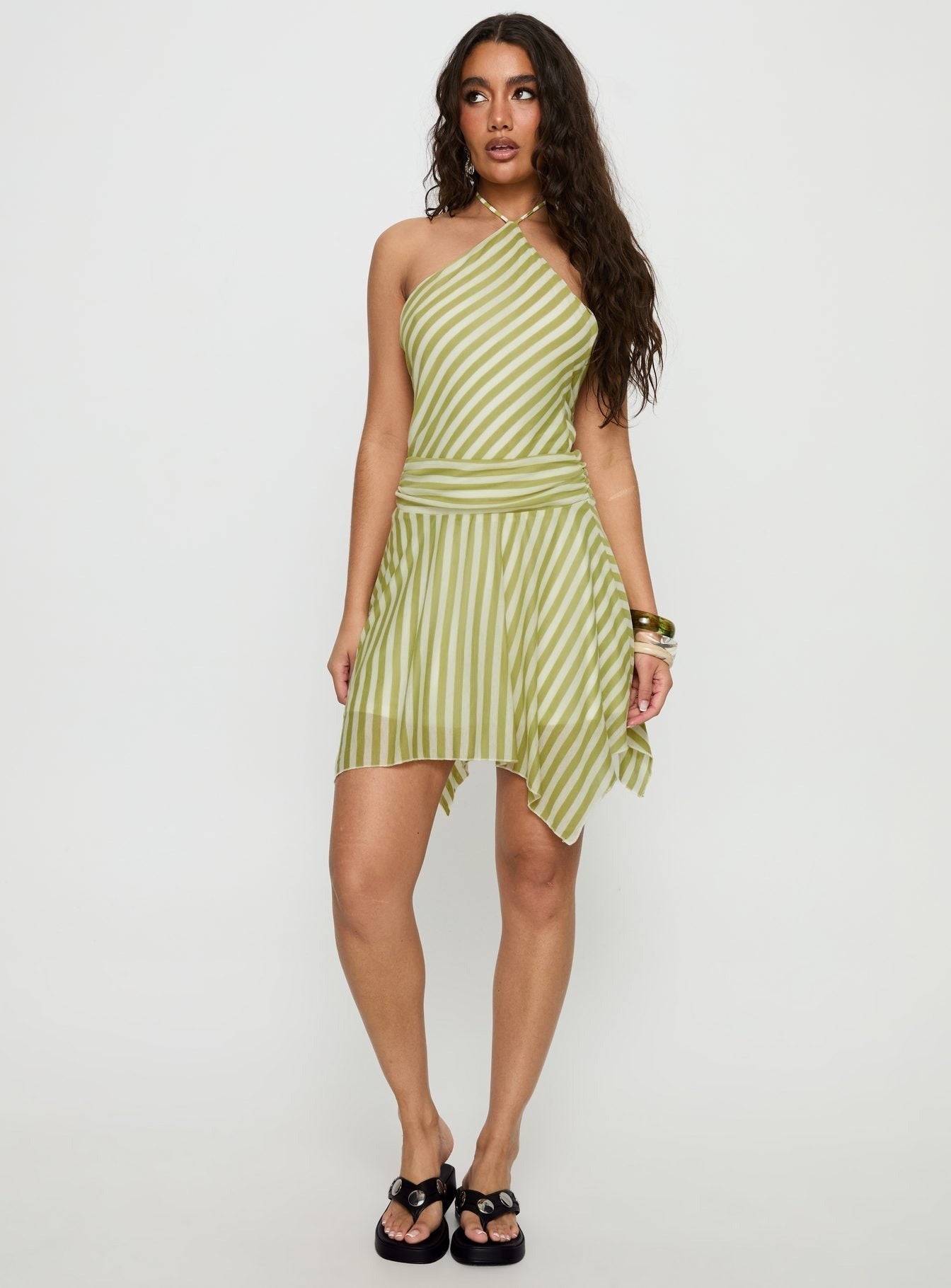 Sadana Arrowhead Asymmetrical Mini Dress Green Stripe