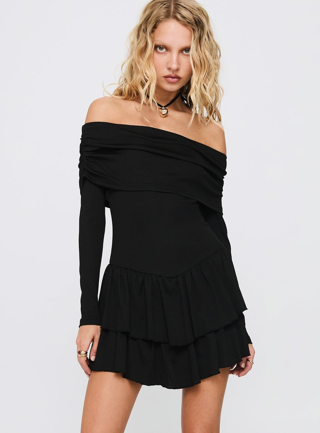 Wispy Long Sleeve Off Shoulder Playsuit Black
