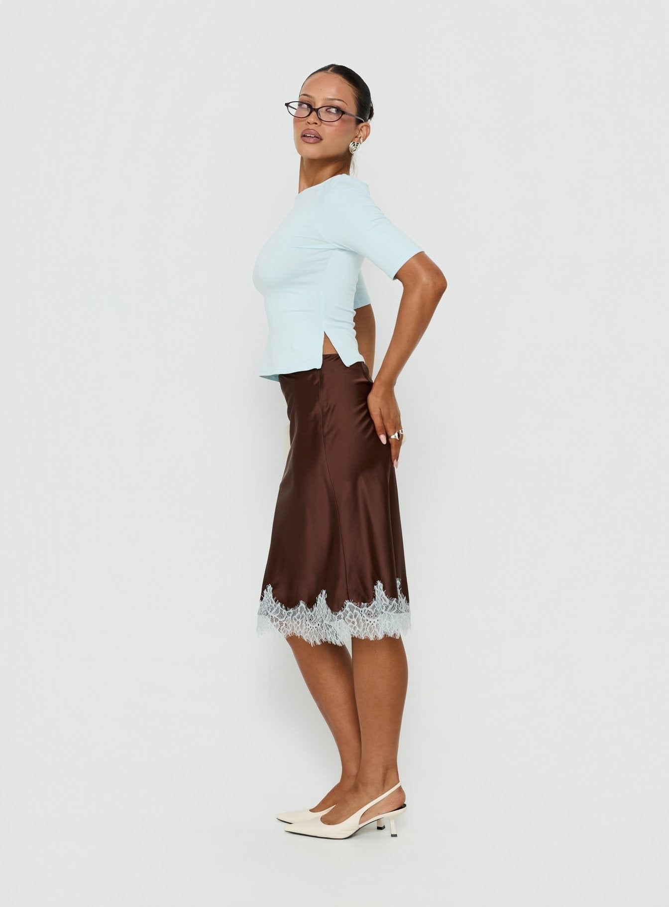 Miriza Lace Trim Midi Skirt Chocolate / Blue