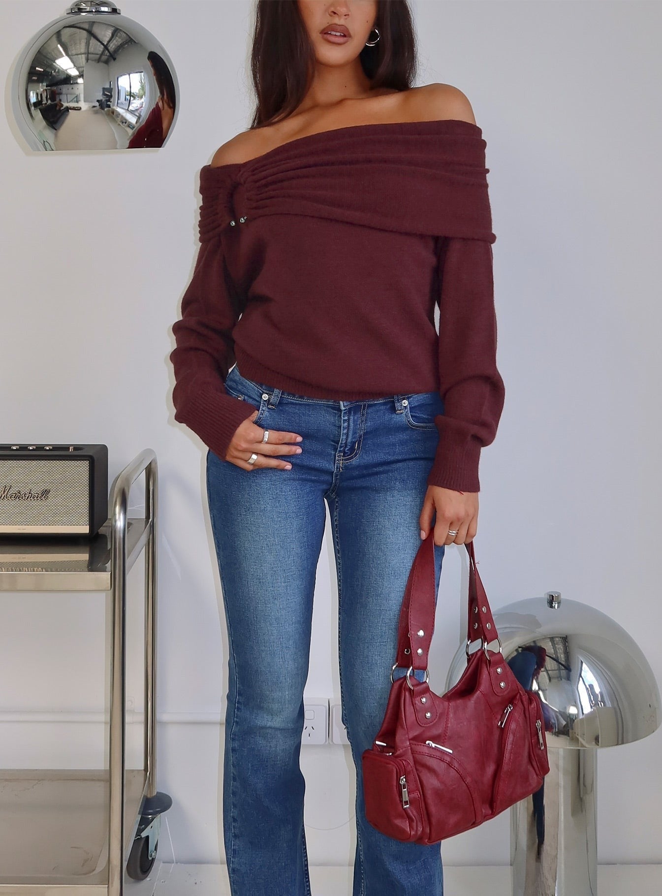 Viora Off Shoulder Knit Sweater Wine