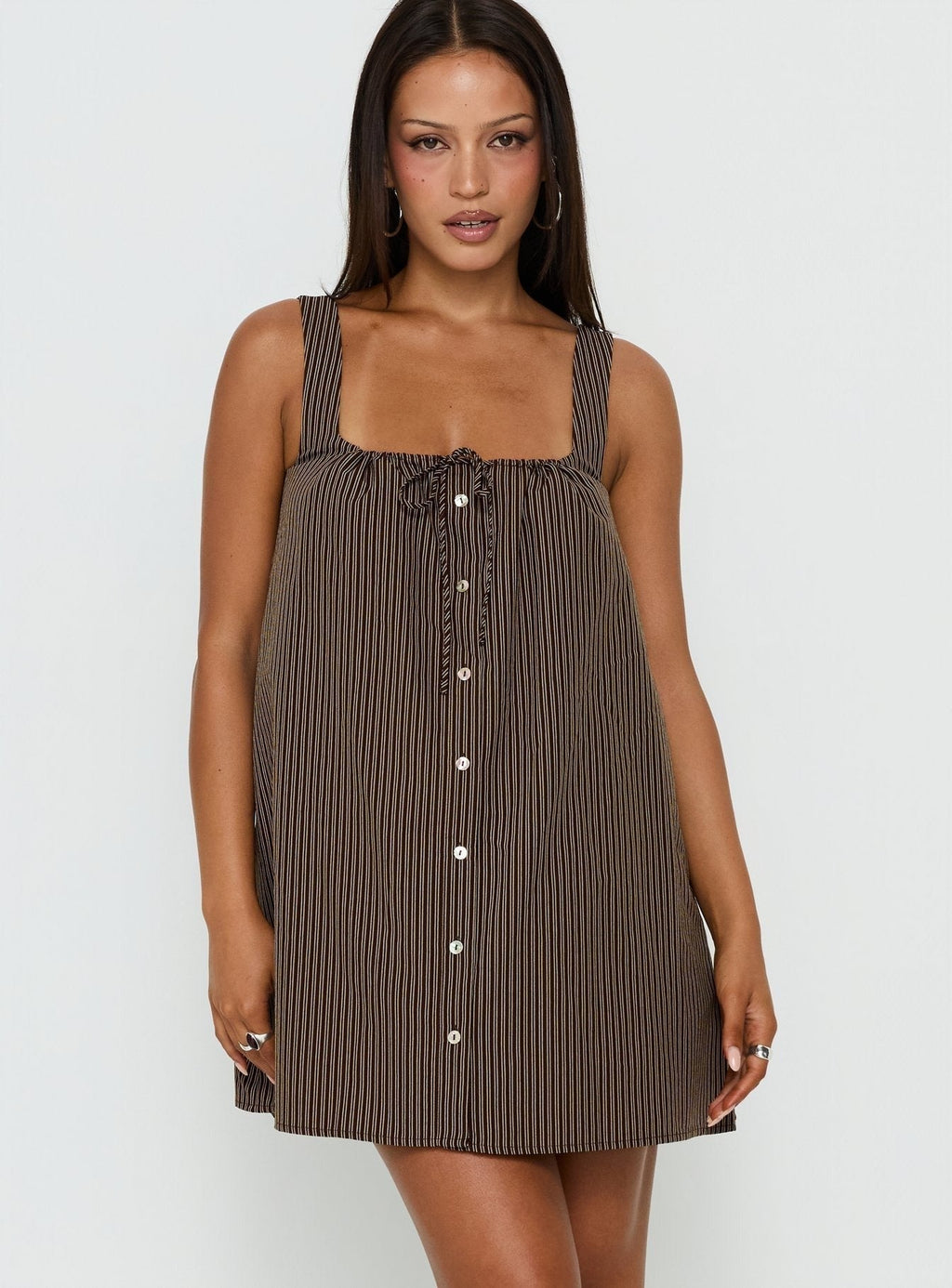 Bambalina Babydoll Mini Dress Brown Stripe