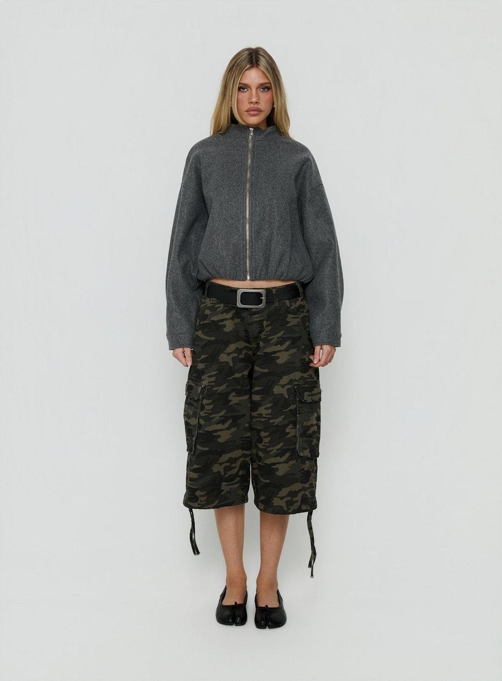 Chayden Cropped Faux Wool Bomber Jacket Grey