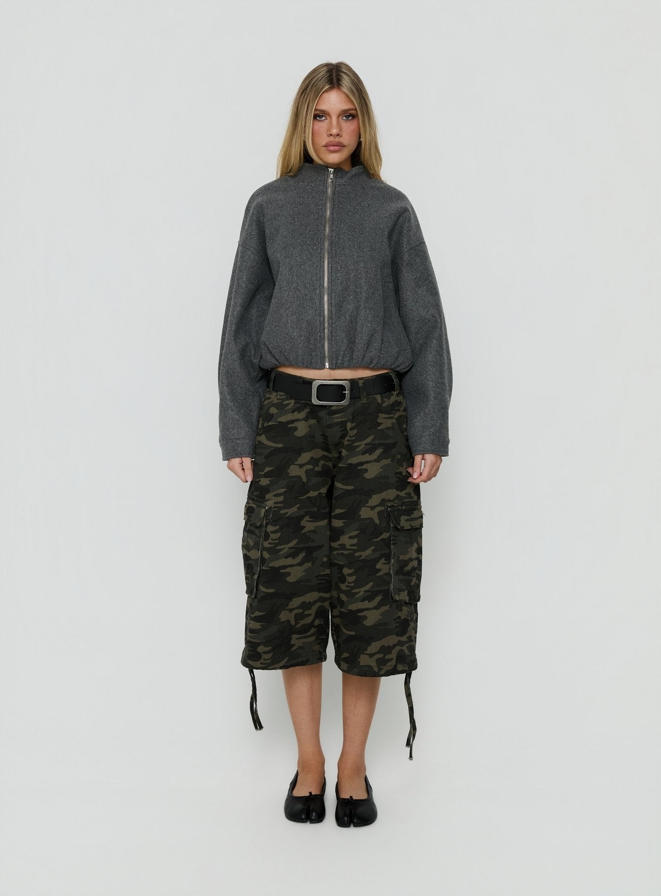 Chayden Cropped Faux Wool Bomber Jacket Grey