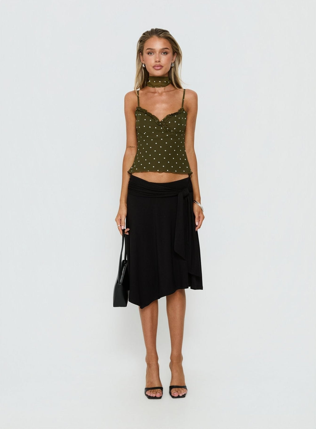 Mishy Scarf Detail Cami Top Olive Polka