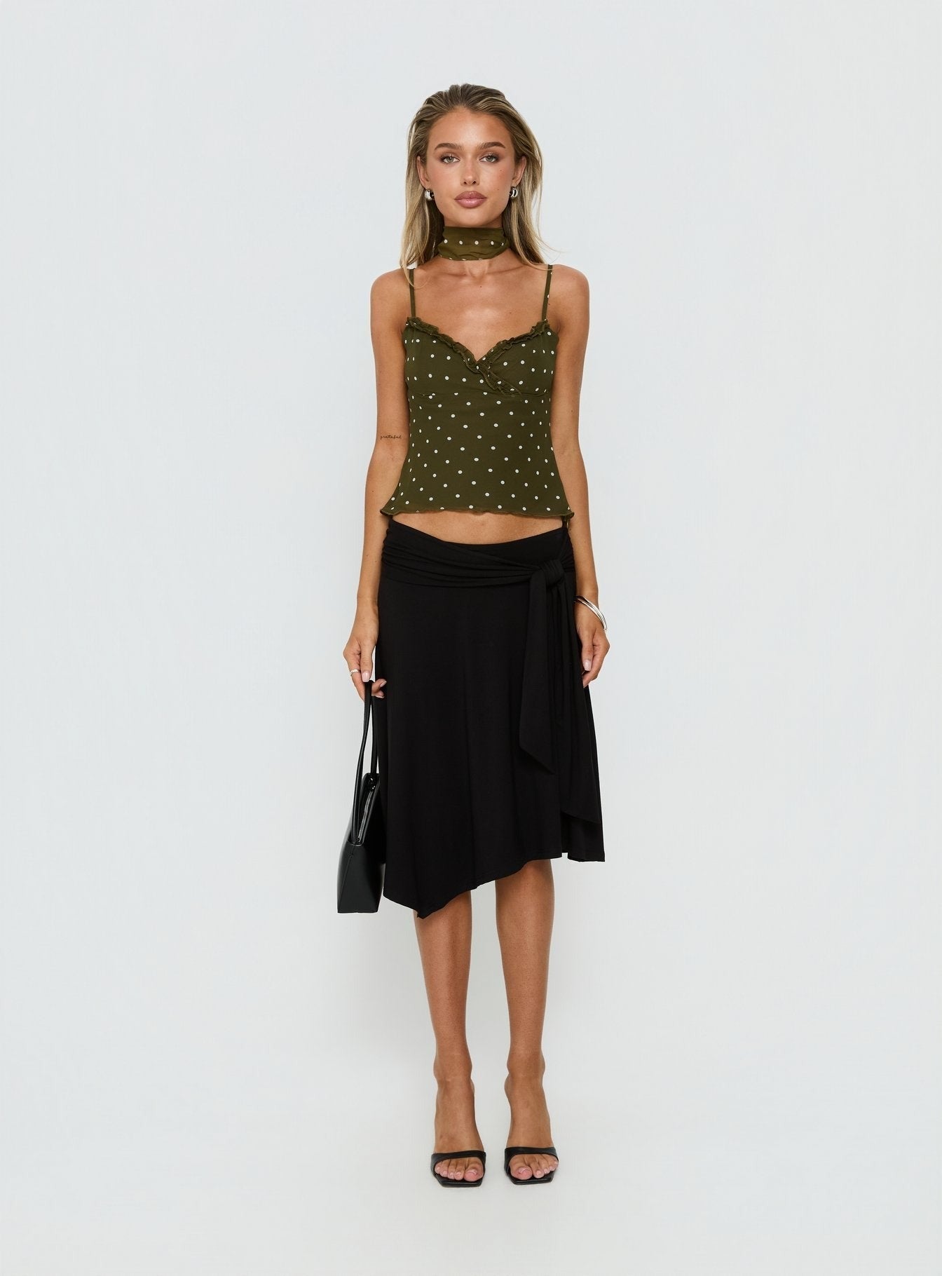 Mishy Scarf Detail Cami Top Olive Polka