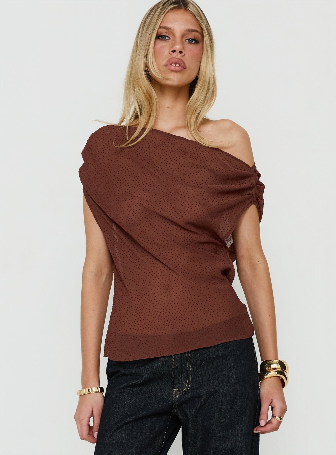 Orya Sheer Drape Off Shoulder Top Brown