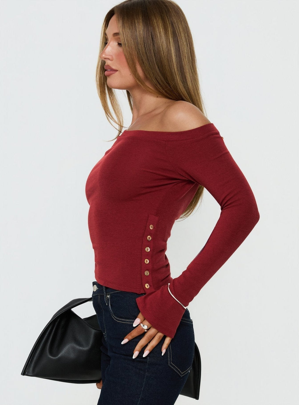 Think of Me Long Sleeve One Shoulder Top Cherry