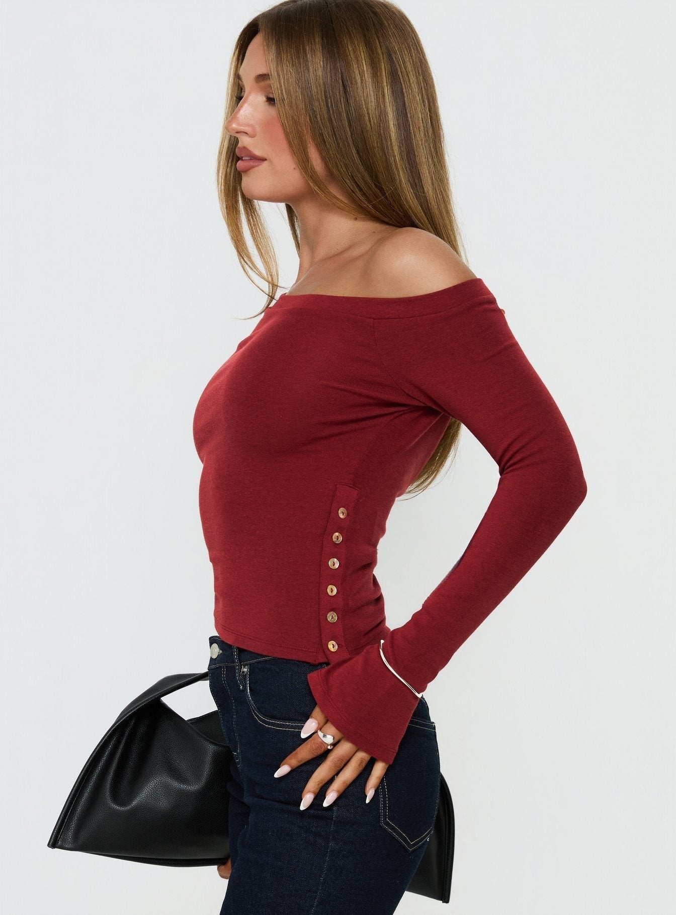 Think of Me Long Sleeve One Shoulder Top Cherry